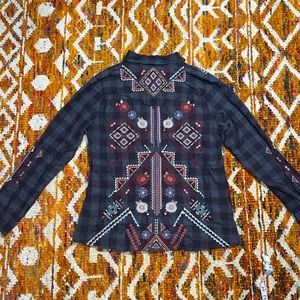 JOHNNY WAS 3J Workshop Womens Plaid Boho Aztec Embroidered Flannel